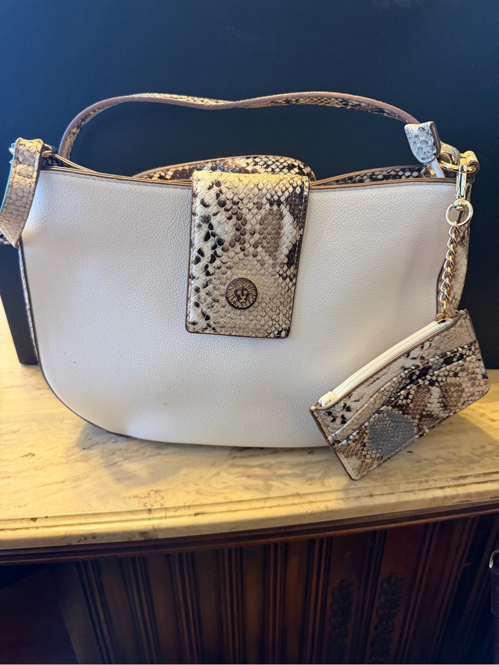 Women's Cream Shoulder Bag with Snake-Print Accents